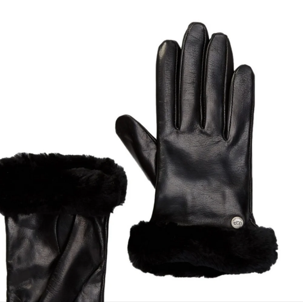 UGG Womens Shearling-Trim cuff Black leather Shorty Gloves Size Large